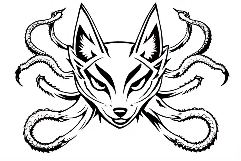 kitsune mask surrounded by 8 hydra arms tattoo design idea
