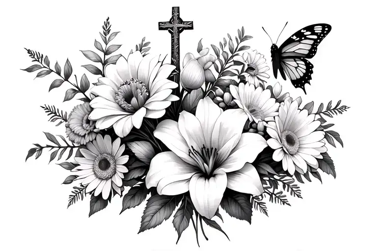 rose,lily, daisy, chrysanthemum, butterfly, cross bouquet tattoo design idea