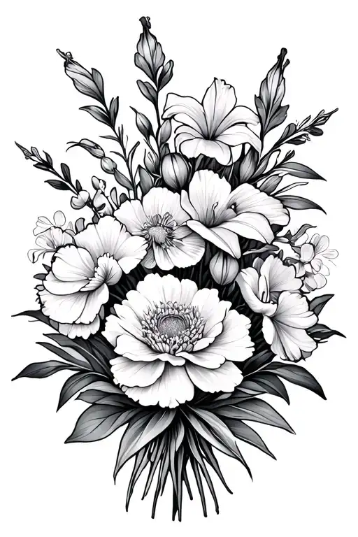 black/white fine-line tatto with a bouqet of carnation, violet, gladiolus, aste, chrystantemum, daffodil tattoo design idea