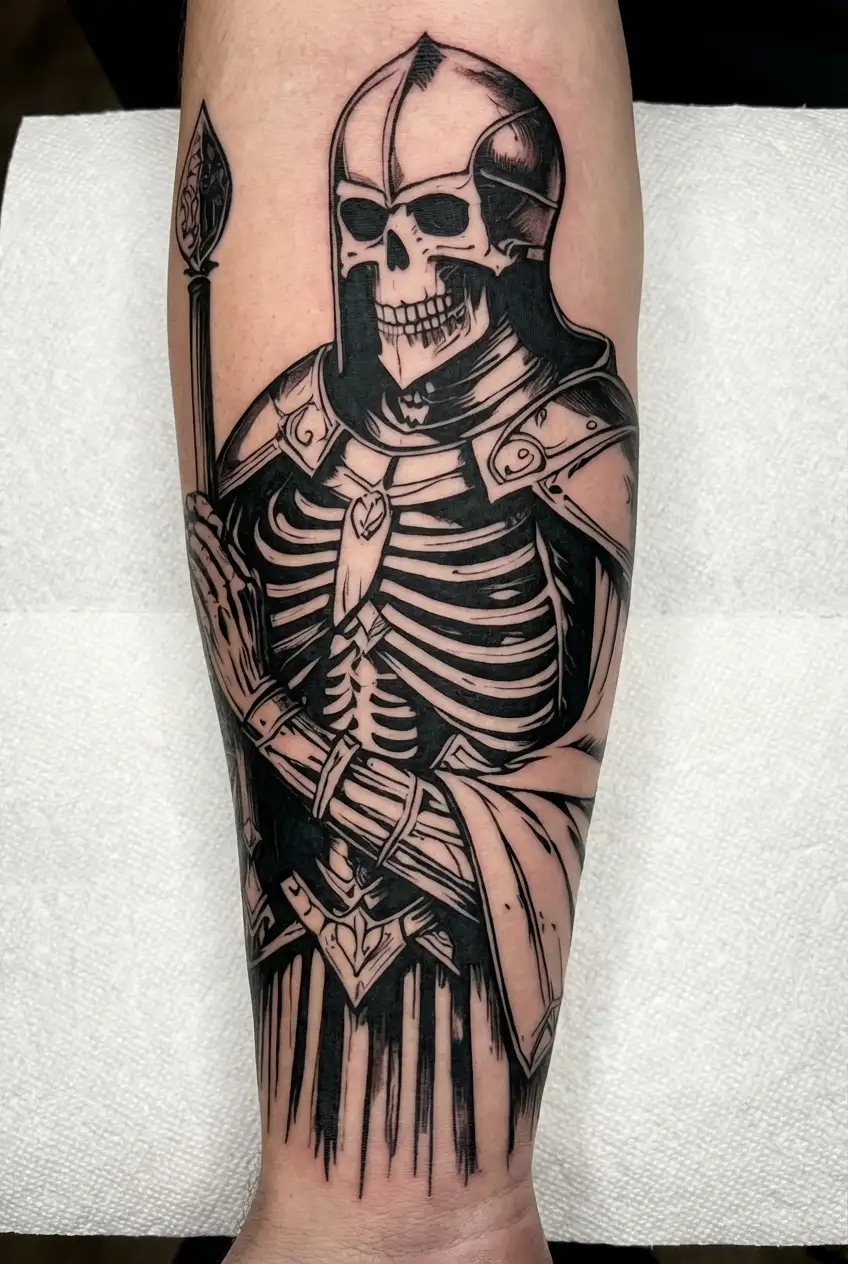 skeleton Crusader Knight Praying tattoo design idea