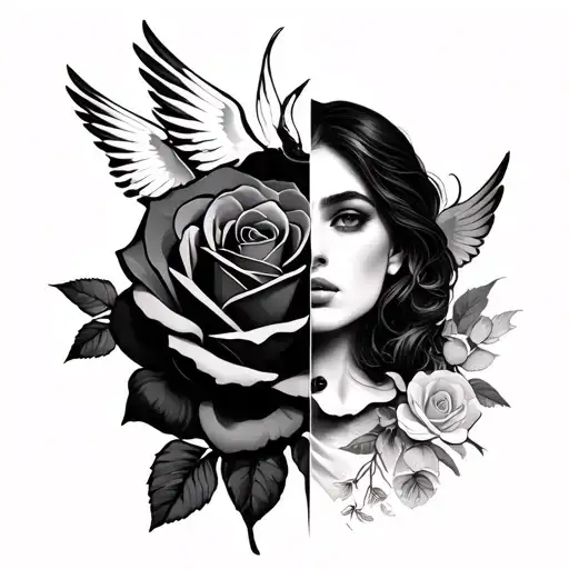 a rose on the forearm bottom then a half women face and other half doves and some shadowing tattoo design idea