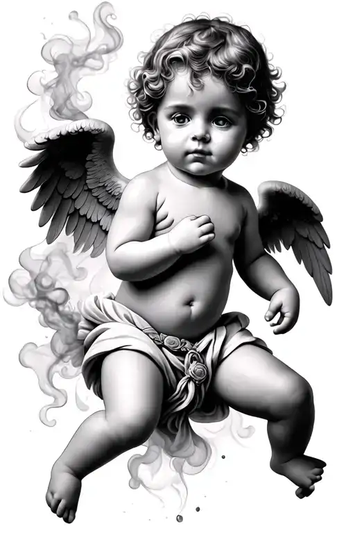 Cupid baby angel with smoke fading underneath tattoo design idea