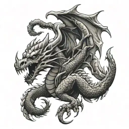 dragon on mountains crushing a scorpion  tattoo design idea