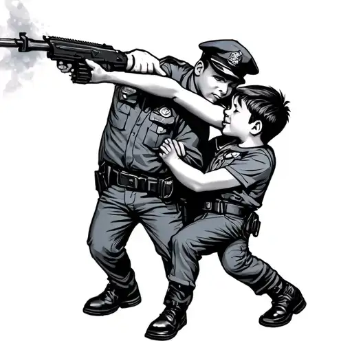 boy and cop shooting himself tattoo design idea