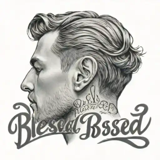 small cursive word "blessed" behind man's ear tattoo design idea