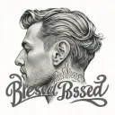 small cursive word "blessed" behind man's ear tattoo design idea