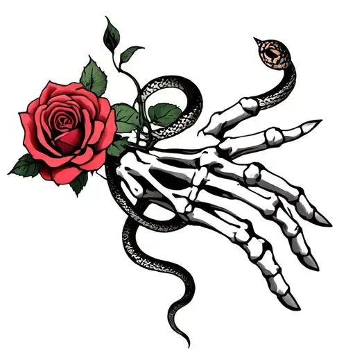 skeleton hand with a rose on the back hand and snake wrapping around the fingers of the skeleton hand and the rose tattoo design idea