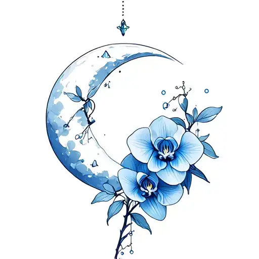 Aquarius constellation, blue orchids, moon tattoo design idea