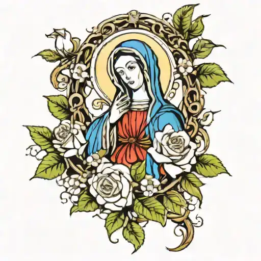 Virgin Mary, with vines and white roses. with parent's birthdays 1977 and 1984. tattoo design idea