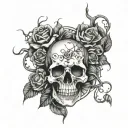 Rose vines in a graveyard with skulls tattoo design idea