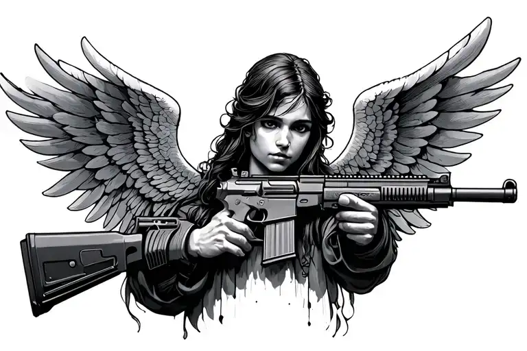 Angel Holding AK 47 tattoo design idea