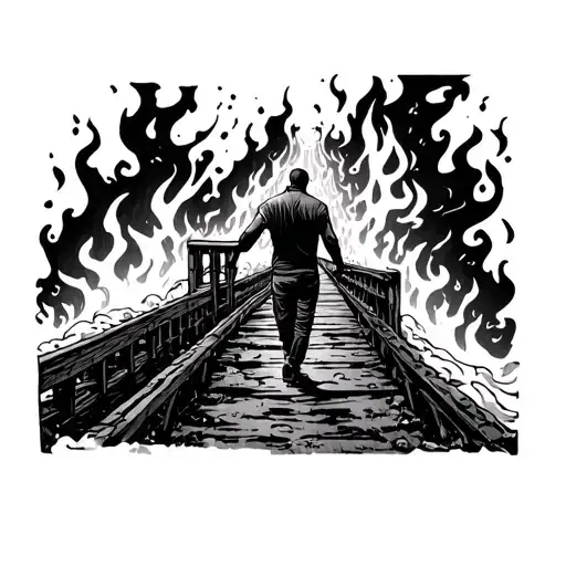 A man walking across a burning bridge tattoo design idea