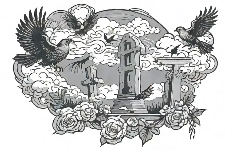 clouds, birds, tombstone rip tattoo design idea