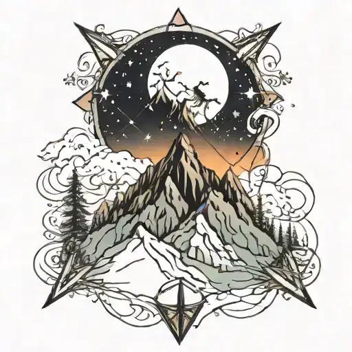 Here’s the tattoo design featuring a snow-capped mountain with the constellations of Sagittarius on the left and Gemini  tattoo design idea