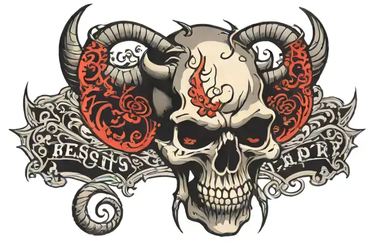 skull monster with curved horns and black letters from gothic view  tattoo design idea