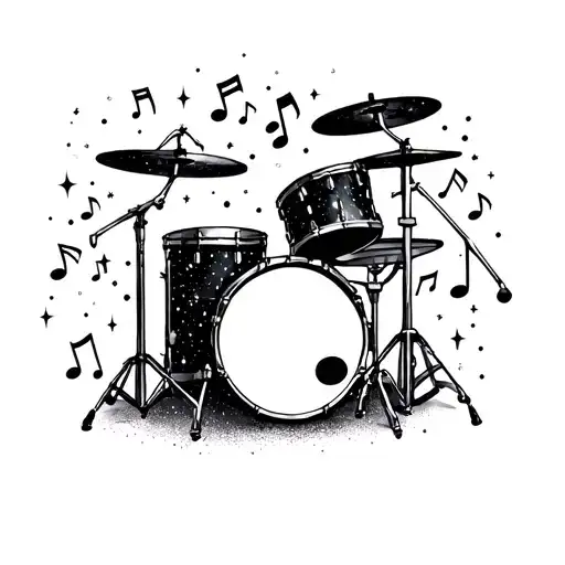 A tattoo design featuring a drum set with musical notes swirling around it, set against a backdrop of stars and galaxies tattoo design idea