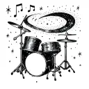 A tattoo design featuring a drum set with musical notes swirling around it, set against a backdrop of stars and galaxies tattoo design idea
