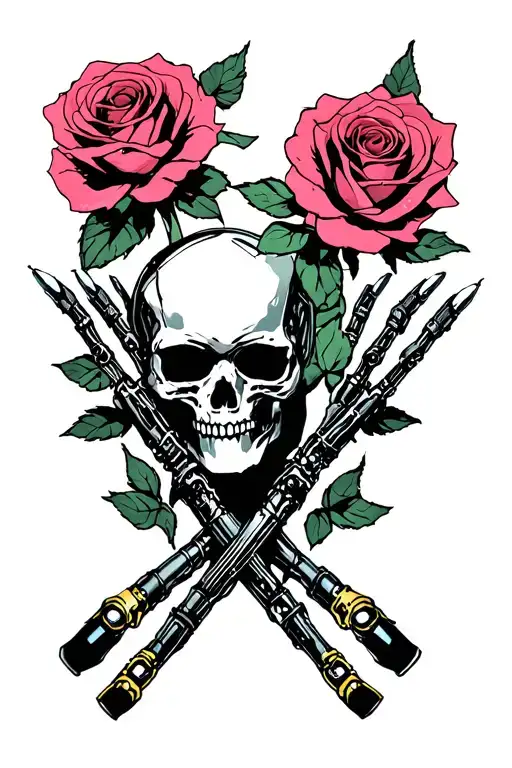 A sketch for a tattoo theme of cyberpunk 2077 game With crossed Cybernetic hands  and skull   With a couple of roses in  tattoo design idea