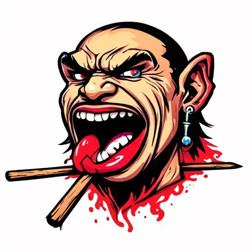 Biker cartoon character with pierced ears, lips, and biting on a splintered wooden toothpick tattoo design idea