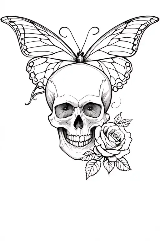 skull and rose and butterfly wing tattoo tattoo design idea