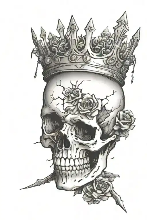 A cracked skull with a crown, surrounded by enemies trying to destroy it tattoo design idea
