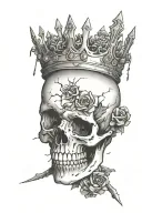A cracked skull with a crown, surrounded by enemies trying to destroy it tattoo design idea