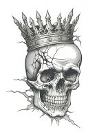 A cracked skull with a crown, surrounded by enemies trying to destroy it tattoo design idea