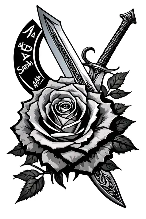 "Adam Sarah" sword and rose intertwined tattoo design idea