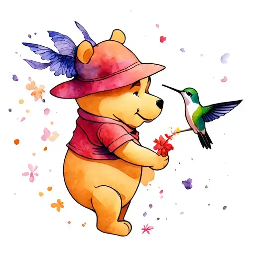 delicate Winnie the Pooh with a hummingbird feeding tattoo design idea