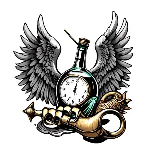 wings with brass knuckles and clock and liquor bottle and horn tattoo design idea