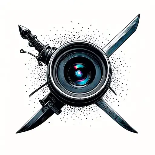 A movie camera lens with a sword blade as the shutter, symbolizing the fusion of filmmaking and warrior spirit tattoo design idea