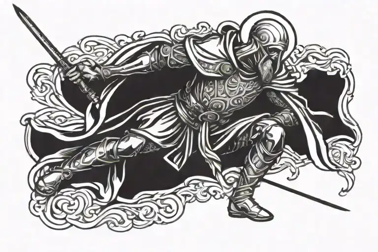 medieval warrior saint benedict kneeling with sword tattoo design idea