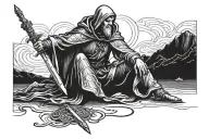 medieval warrior saint benedict kneeling with sword tattoo design idea