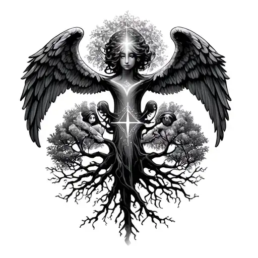 Family tree using star signs, cancer, taurus, virgo and pisces. Include angels wings tattoo design idea