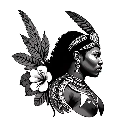 Fijian puertorican male and female warriors, coqui, flower, Fiji flag, Puerto Rican flag tattoo design idea