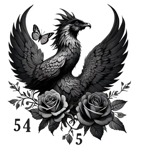 black roses intertwined around a Phoenix rising, a butterfly and the numbers 444 and 555 tattoo design idea