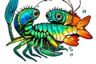 Peacock Mantis Shrimp punching a fish with heat bubbles forming around the shrimps clubs. bold colors and outlines tattoo design idea