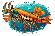 Peacock Mantis Shrimp punching a fish with heat bubbles forming around the shrimps clubs. bold colors and outlines tattoo design idea