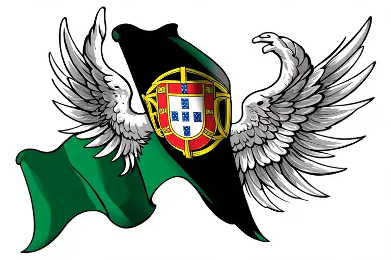 Portugal flag waving with angels wings spread wide tattoo design idea