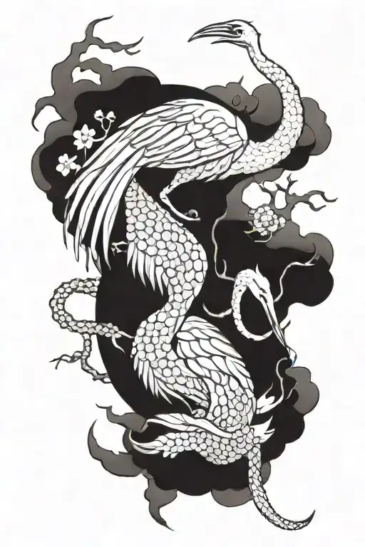 “Full-sleeve blackwork tattoo inspired by Japanese art, featuring a dynamic crane and serpent intertwined to represent y tattoo design idea