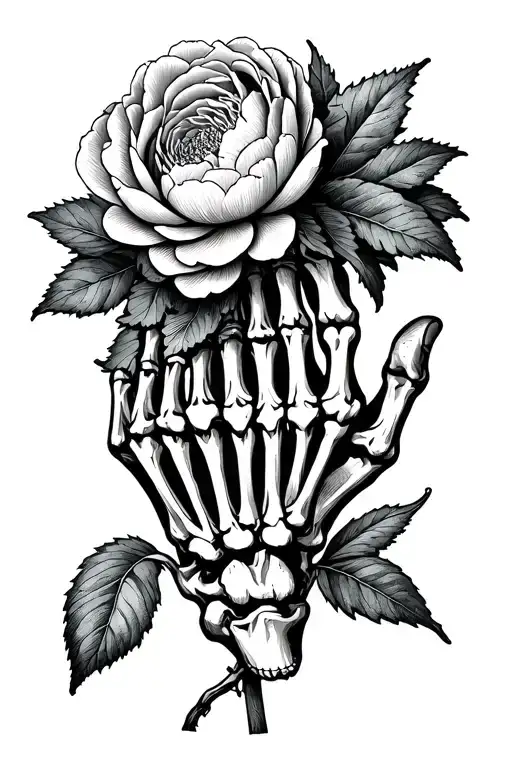 SKELETON HAND AND PEONY FLOWERS tattoo design idea
