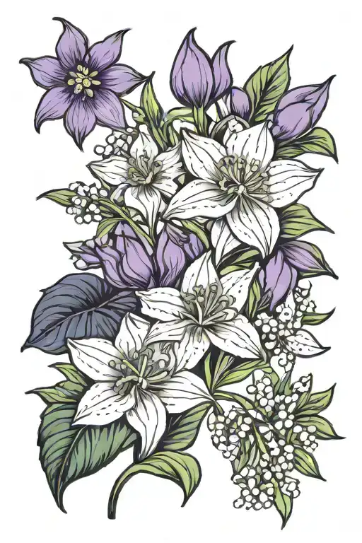 narcissus flower, aster flower, lily of the valley, violet flower tattoo design idea