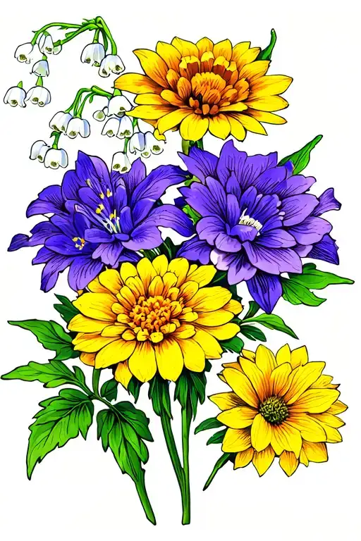2 lilly of the valley flower 3 violet flowers 1 larkspur 1 chrysanthemum tattoo design idea