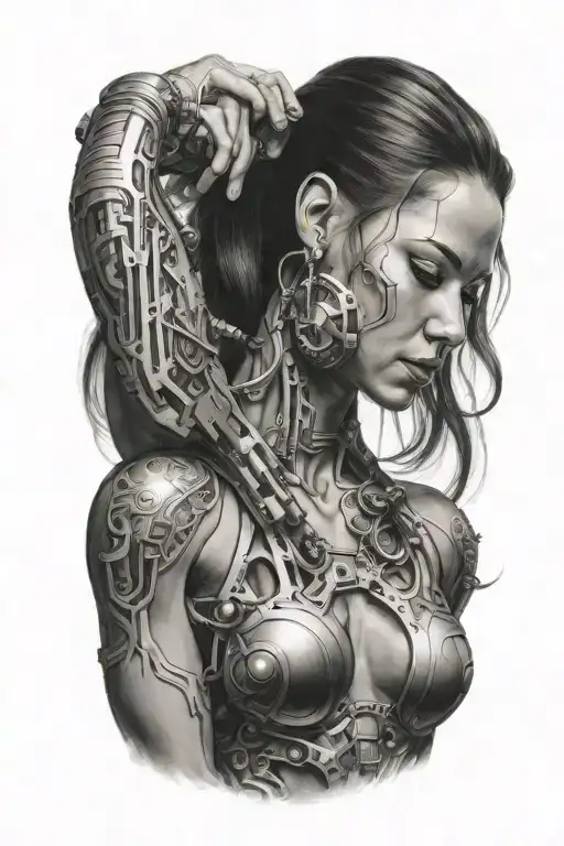 combine bodybuilding women flexing bicep with technology circuits tattoo design idea