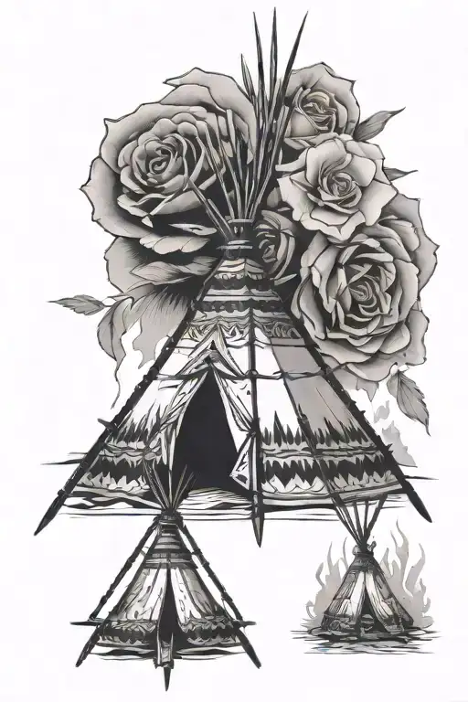 teepee, wild west, fire, rose tattoo design idea