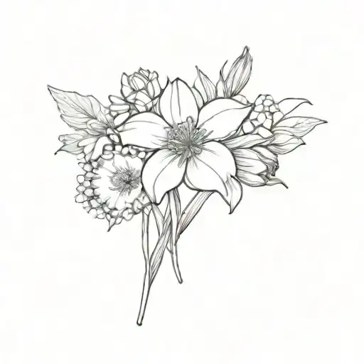 chrysanthemum, daffodil, iris, carnation, marigold bouqet tattoo design idea