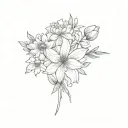 chrysanthemum, daffodil, iris, carnation, marigold bouqet tattoo design idea