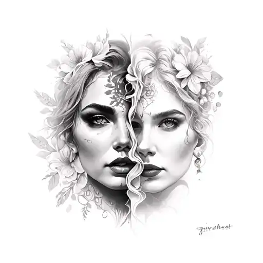womens two face artwork without flowers tattoo design idea