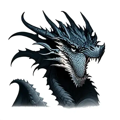 black and grey soft shaded mid evil dragon with thick skales and dark eyes tattoo design idea