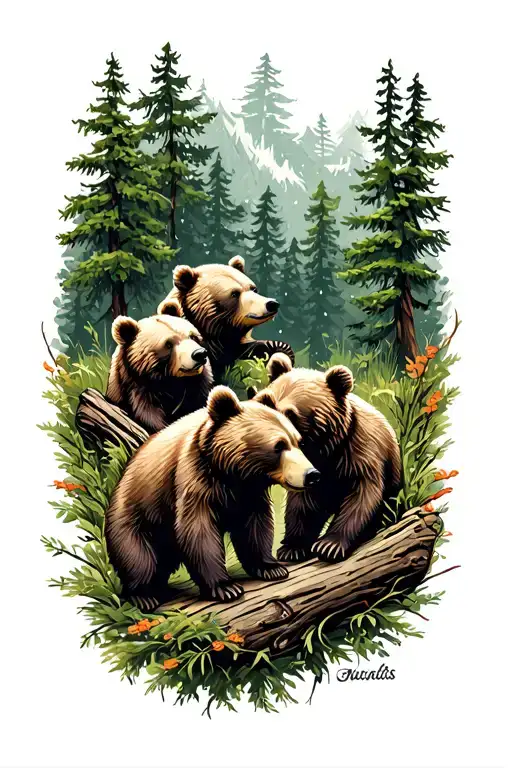 3 bear cubs playing in the forest landscape tattoo design idea